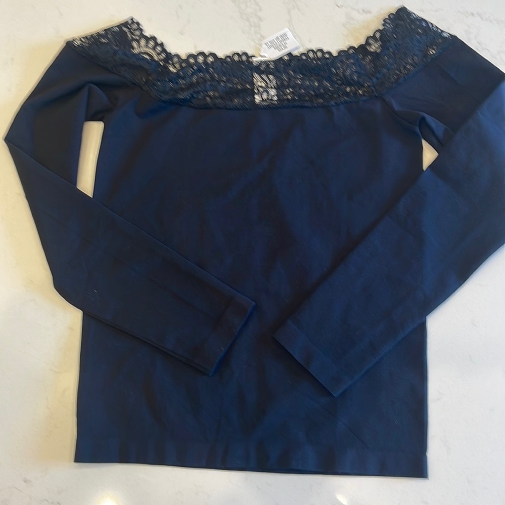 Black spandex, tight lace neck shirt